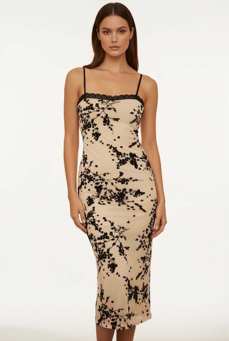 Fore Collection "Cara" Velvet Burnout Midi Dress — Black & Cream | NWOT